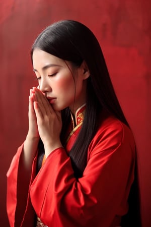 A Chinese ancient beauty is praying, with hands clasped together, eyes closed in silence, wearing a solemn yet beautiful expression, Red Background