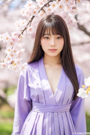 A 16-year-old Japanese beauty,in the sakura flowers.Turn slightly,iris purple dress