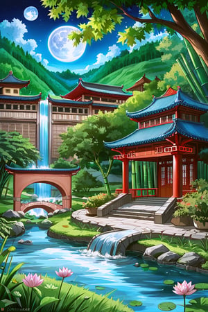 Ancient Chinese architecture, moon, midnight, garden, bamboo, lake, stone bridge, rockery, arch, corner, tree, running water, landscape, outdoors, waterfall, grass, rocks, lotus, hot spring, water vapor, (Illustration: 1.0), epic work, realistic lighting, HD details, masterpiece, best quality, (very detailed CG Unity 8k) - at 6 o'clock