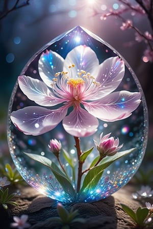 crystal spring blossom, fantasy, galaxy, transparent, shimmering, sparkling, splendid, colorful, magical photography, dramatic lighting, photo realism, ultra-detailed, 4k, Depth of field, High-resolution
