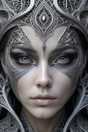 (Black and white, intricate details, close-up of a woman's face with an intricate design, 3DCGI anime fantasy artwork, necro, detailed patterned skin, abstract fragments, impressive eyes, mixed media, 3D rendering Silver painting, symmetrical beauty, ambient occlusion rendering, psytrance), Detailed Textures, high quality, high resolution, high Accuracy, realism, color correction, Proper lighting settings, harmonious composition, Behance works,ct-niji2,xxmix_girl,goth person