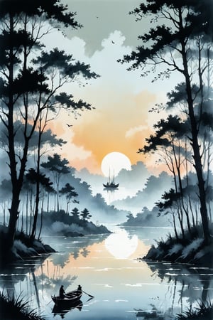 ink scenery, no humans, lake, trees, sunset, muted colors, boat on the water, reflection. river valley in the middle of the forest, negative space, chinese ink drawing