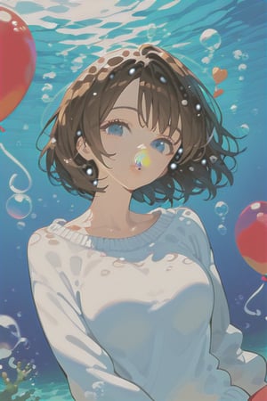 1girl, solo, looking at viewer, short hair, blue eyes, brown hair, black hair, collarbones, parted lips, water, lips, white sweater, sunlight, bubbles, underwater, ((small bubbles)), red balloons,niji5