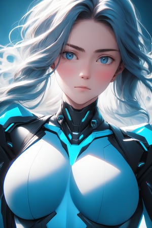 Close-up shot of JeeSoo: Elegant lady with long hair and piercing eyes, radiating confidence in custom-designed cyberpunk blue suit that glows under soft, icy lighting. Sword raised in powerful pose, gaze confronting the viewer. Futuristic backdrop with mecha elements complements her beauty, set against Asia's neon-lit cityscape. 8K resolution rendering every detail with sharp focus and realistic texture.