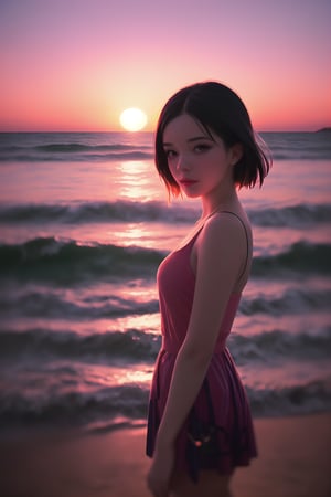 xxmix_girl 1 girl, beach sunset detailed, (lofi, analog, motion blur ) by Brandon Woelfel,xxmix_girl,LinkGirl,xxmixgirl,3d style