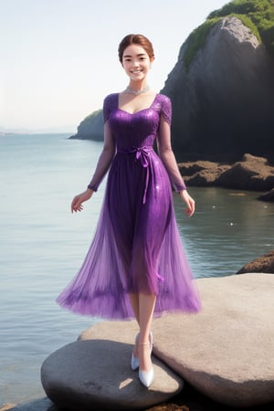 A Korean beauty wearing an elegant purple crystal dress stood on a rock by the sea and smiled.,DonMM1y4XL,Expressiveh,Perfect lips