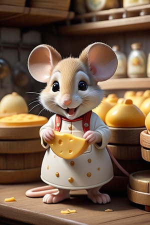 Stunningly detailed, hyper-realistic anthropomorphic mouse cheese maker rendered in a high quality 16K UHD masterpiece. The mouse, with a chibi style design, wears an adorable smile and has a cute, graceful face. The cartoon-like illustration features an emotionally charged scene in the background, where a themed environment shows the challenges and triumphs of a cheesemaking journey. The picture was shot in RAW format, which further enhances the dynamic plot and ultra-realistic details.

