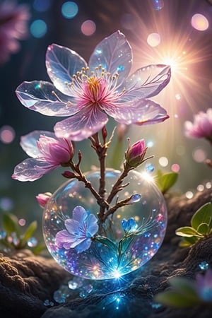 crystal spring blossom, fantasy, galaxy, transparent, shimmering, sparkling, splendid, colorful, magical photography, dramatic lighting, photo realism, ultra-detailed, 4k, Depth of field, High-resolution
