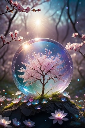 crystal spring blossom, fantasy, galaxy, transparent, shimmering, sparkling, splendid, colorful, magical photography, dramatic lighting, photo realism, ultra-detailed, 4k, Depth of field, High-resolution
