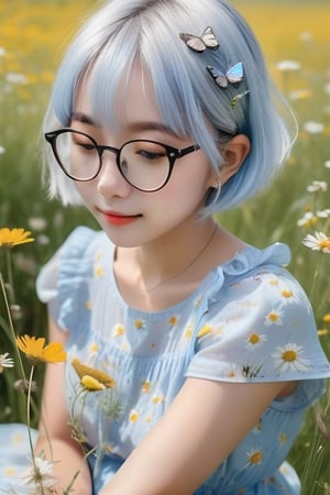 sitting in an open meadow, wild flowers and butterflies all around, happy, short light blue hair, cute summer dress, her little black and white cat sits beside her, glasses