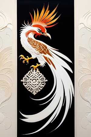 A Sumi-e style ink painting, bold, dramatic brushstrokes of one chinese phoenix. Providential discovery or creation. Petite alabaster specter. Unexpected minuscule, rust-ivory detail. Providential intricate details and meticulous craftsmanship, providential pioneering techniques or elements, providential high technical acumen, such as verisimilar rendering or elaborate compositions. Harmonious and balanced composition, skillful use of color and illumination to enhance the emotional and visual impact, creating a sense of depth. Providential singular perspectives and viewpoints, intricacy, contrast, and symmetry. Providential formidable aesthetic structure, verisimilitude, and visual impact imparts a lasting impression. Scene featuring a providential discovery or creation. style, ink







