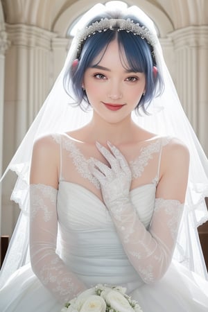 (1 beautiful woman, blue short hair, Rem, expensive detailed white wedding dress design by Francesca Miranda, white bride veil, long white gloves), walking to the altar, holding a bouquet, church location, wedding, celebration time, petals falling down, people sitting down background, priest in front of the spouse, close-up ,perfecteyes, smiling, shy,rem