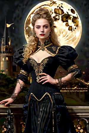 Elegantism, opulent scene, full portrait of a Victorian lady, heroic, black clothes, gold trim, full moon, castle, head and shoulders portrait, 8k resolution. (masterpiece, top quality, best quality, official art, beautiful and aesthetic:1.2), (1girl:1.4), upper body, blonde hair, portrait, extreme detailed, in the style of esao andrews