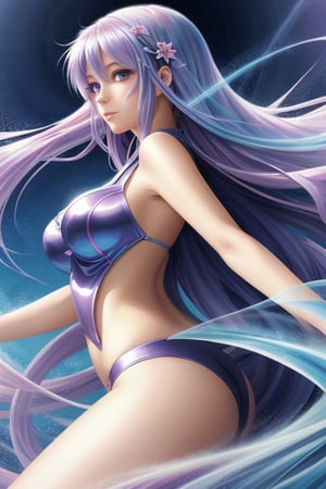 Airbrushing (Beautiful mystical allure) long swirling hair, smart, environment, Using airbrushing for art, often for smooth gradients, spray effects, or automotive art,1 girl,anime