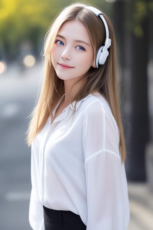 1girl, solo, black_blonde_hair, long_hair, headphones, realistic, shirt, look_at_viewer, blue_eyes, lips, blurry, upper_body, white_shirt, closed_mouth, smile, body is front on camera, straight_body, fell the song expression, closed_eyes, 