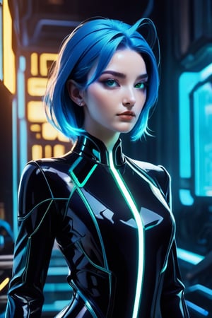 A futuristic close-up of a woman in a sleek suit, her blue hair styled in a chic bob. She's a cyborg with silver metallic plating on her arms and torso, glistening under the dim blue lighting. Her piercing green eyes gleam as she gazes directly at the camera, her facial expression a perfect blend of confidence and curiosity. The framing is tight, focusing on her striking features amidst the intricate cybernetic enhancements. In the background, a cityscape's neon lights hum with energy, reflecting off the metallic surfaces of her suit.