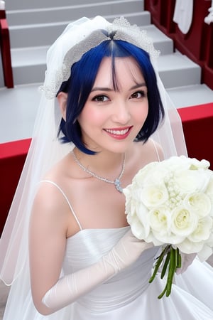 (1 beautiful woman, blue short hair, Rem, expensive detailed white wedding dress design by Francesca Miranda, white bride veil, long white gloves), walking to the altar, holding a bouquet, church location, wedding, celebration time, petals falling down, people sitting down background, priest in front of the spouse, close-up ,perfecteyes, smiling, shy,rem