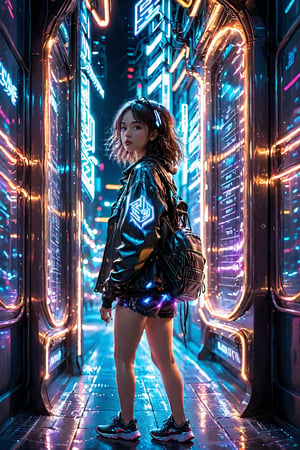 Dreampolis, hyper-detailed digital illustration, cyberpunk, stranger things background theme , scared expression, 17 y. o. single girl headphones in the street, neon lights, lighting bar, city, cyberpunk city, film still, backpack, in megapolis, pro-lighting, high-res, masterpiece, looking_at_viewer, full body,neon photography style, visible legs, wearing jean shorts, visible face, detailed face