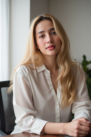 a digital portrait of a naturally beautiful young girl, 25 years blonde with a complexion reminiscent of pure porcelain, fullly matured. sitting on office desk in meeting
, full size photo, 
,Pakistani Model