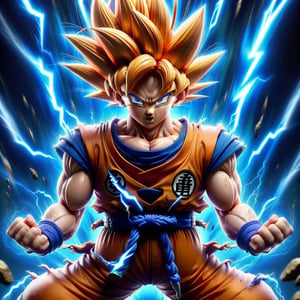 The image is an illustration of the character Goku from the anime series Dragon Ball Z. He is standing in a powered-up state with his hair spiked up and surrounded by blue lightning. He is wearing his orange and blue gi with a white belt and boots. His expression is serious and determined. The background is a dark blue void with bright white lightning bolts. The image is in a 3D rendered anime style,
