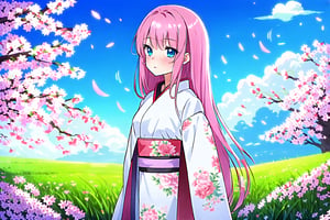 An anime girl with long, flowing pink hair and bright blue eyes stands in a field of cherry blossoms. She is wearing a beautiful white kimono with intricate floral patterns. The petals of the cherry blossoms are falling around her, creating a magical atmosphere. The girl has a serene expression on her face as she gazes up at the sky.

