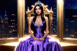A young woman with long black hair, adorned with a golden throne, sits poised before a grandiose window frame, the purple dress with sweetheart neckline shimmering under the soft glow of evening light. Her regal expression, crowned with gold, commands attention amidst the bustling cityscape and starry night sky, bathed in warm hues.