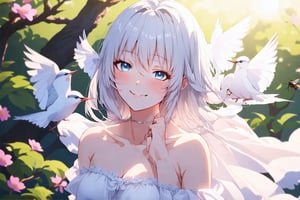 A gentle anime girl with luscious white locks and piercing blue gaze, situated amidst a kaleidoscope of vibrant blooms. Her flowing white garb billows behind her like mist, as a warm sunlight accentuates the soft contours of her serene smile. Birds serenely trill in tandem with chirping insects, creating an idyllic atmosphere within a frame that blends anime artistry and natural beauty.