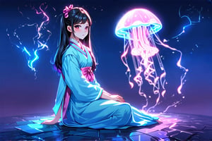 1 Hanfu girl, glowing jellyfish neon lights, sitting, (cute illustration: 1.2), absurd resolution, super details, best quality $ultra-high definition image quality

