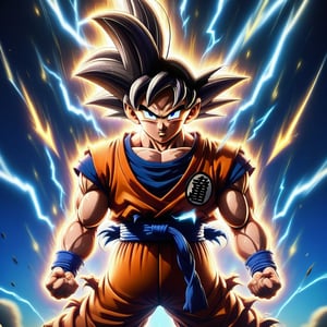The image is an illustration of the character Goku from the anime series Dragon Ball Z. He is standing in a powered-up state with his hair spiked up and surrounded by blue lightning. He is wearing his orange and blue gi with a white belt and boots. His expression is serious and determined. The background is a dark blue void with bright white lightning bolts. The image is in a 3D rendered anime style,