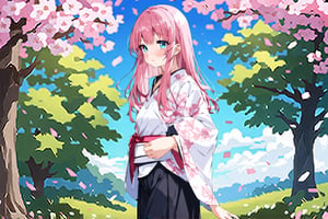 Softly focused shot of an anime girl amidst a whimsical backdrop of blooming cherry blossoms. Her long, flowing pink hair cascades down her back like a river of silk, framing her tranquil features. Bright blue eyes gaze upwards, lost in contemplation as petals fall around her like confetti. A stunning white kimono with delicate floral patterns adorns her slender figure, blending seamlessly into the romantic scenery.