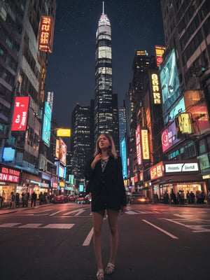 A beautiful girl, A futuristic cityscape at night with towering skyscrapers adorned with neon lights, bustling streets with flying cars and holographic advertisements, dark sky illuminated by a full moon and stars, a lively and vibrant atmosphere full of energy and excitement, Photography, captured with a high-resolution camera with a wide-angle lens, --ar 16:9 --v 5