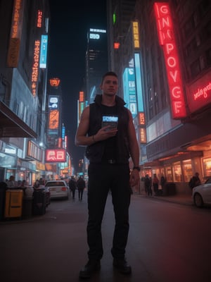 A cyberpunk detective with a realistic human appearance, sporting a five o'clock shadow and short, spiked hair, dressed in a tactical vest with glowing circuitry, holding a futuristic tablet, standing against a backdrop of neon-lit skyscrapers at night, an intense and focused vibe, Photography, taken with a high-resolution mirrorless camera with a prime lens, --ar 9:16 --v 5