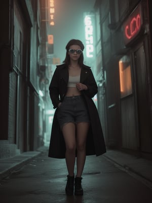 1girl, A cyberpunk detective with lifelike skin texture, wearing a modern trench coat and augmented reality glasses, detailed cybernetic arm, in a dimly lit alley with steam rising from the ground and neon lights casting colorful reflections, a gritty and suspenseful mood, Photography, captured with a DSLR camera using low-light settings, --ar 9:16 --v 5