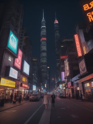 A beautiful girl, A futuristic cityscape at night with towering skyscrapers adorned with neon lights, bustling streets with flying cars and holographic advertisements, dark sky illuminated by a full moon and stars, a lively and vibrant atmosphere full of energy and excitement, Photography, captured with a high-resolution camera with a wide-angle lens, --ar 16:9 --v 5