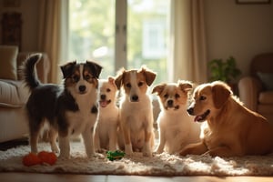 In a comfortable home setting, a group of curious dogs is gathered on the living room floor, surrounded by toys and a plush rug. The dappled sunlight filters through the curtains, illuminating the dogs' unique expressions as they engage in playful antics.