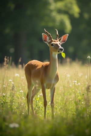 "In a serene meadow dotted with wildflowers, a graceful deer stands calmly, surrounded by tall grass and trees. She nibbles on tender green leaves, relishing the fresh taste as the sunlight dapples her sleek fur."