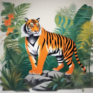 A magnificent full-body depiction of a tiger standing confidently on a rocky outcrop in its natural habitat. The tiger's vibrant orange coat adorned with bold black stripes glistens in the dappled sunlight filtering through the dense jungle foliage. Its powerful muscles are evident as it gazes intently into the distance, showcasing its keen hunting instincts. Surrounding the tiger are lush green plants and tropical flowers, creating a vivid backdrop that highlights the beauty and strength of this majestic creature. Capture the essence of the wild as the tiger embodies grace and power, ready to pounce at any moment.