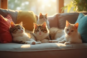 In a cozy living room, a group of playful cats is lounging on a soft sofa, surrounded by colorful cushions and warm sunlight streaming through the window. The gentle light highlights the cats' unique features as they enjoy their leisurely afternoon.