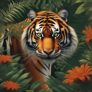 A powerful tiger prowling through a dense jungle, its striking orange and black stripes blending seamlessly with the shadows of the underbrush. The tiger's piercing green eyes are focused intently ahead, showcasing its strength and grace as it moves silently through the foliage. In the background, lush greenery and vibrant flowers create a rich tapestry of colors. Capture the majesty of this apex predator as it embodies the spirit of the wild, commanding respect and admiration