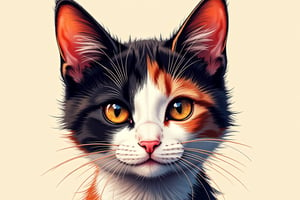 An artistic design featuring the head of a cat with sleek, glossy fur, embodying elegance and curiosity. The rich colors and sharp details of the cat's features, including its bright eyes and playful expression, create an enchanting impression. The simple background highlights the beauty and charm of this cat image