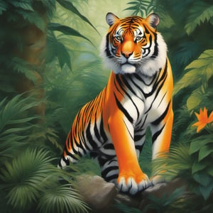 A magnificent full-body depiction of a tiger standing confidently on a rocky outcrop in its natural habitat. The tiger's vibrant orange coat adorned with bold black stripes glistens in the dappled sunlight filtering through the dense jungle foliage. Its powerful muscles are evident as it gazes intently into the distance, showcasing its keen hunting instincts. Surrounding the tiger are lush green plants and tropical flowers, creating a vivid backdrop that highlights the beauty and strength of this majestic creature. Capture the essence of the wild as the tiger embodies grace and power, ready to pounce at any moment.