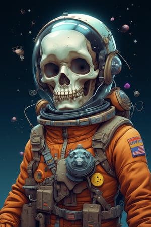 "A character with a skull head wearing a complete astronaut suit with a helmet and space logo. The skull's expression shows curiosity, with a background of outer space filled with stars."