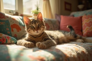 In a cozy living room, a playful cat is lounging on a soft sofa, surrounded by colorful cushions and warm sunlight streaming through the window. The gentle light highlights the cat's unique features as it enjoys a leisurely afternoon.