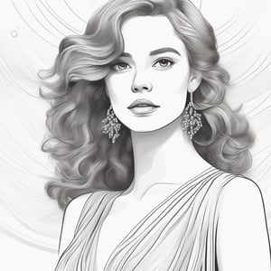 Create a line art illustration of a girl with wavy hair wearing an elegant dress and sparkling jewelry. She is posing gracefully, with a fancy ballroom background represented in minimal lines