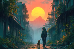 "Japanese style, 80s retro vibe, aesthetic, urban apocalypse with overgrown vines like in The Last of Us, a person standing holding a weapon, accompanied by a dog, ink brushstrokes in background, looking at viewer, rain, stunning image, bubble helmet, ink smoke, geometric mountain background, retro-style sun."