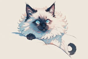 An artistic design featuring the head of a Ragdoll cat with soft, fluffy fur, embodying elegance and curiosity. The striking blue eyes and distinctive color points highlight the cat's charming features, with a playful and relaxed expression. The simple background accentuates the beauty and unique nature of this Ragdoll cat image