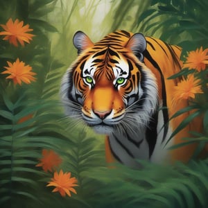 A powerful tiger prowling through a dense jungle, its striking orange and black stripes blending seamlessly with the shadows of the underbrush. The tiger's piercing green eyes are focused intently ahead, showcasing its strength and grace as it moves silently through the foliage. In the background, lush greenery and vibrant flowers create a rich tapestry of colors. Capture the majesty of this apex predator as it embodies the spirit of the wild, commanding respect and admiration