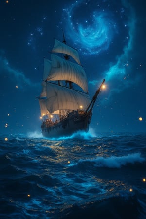 Captain's blackbeard return: A majestic pirate ship, adorned with billowing sails and lanterns aglow, majestically glides into a bioluminescent sea illuminated by a swirling galaxy above. Fireflies dance across the waves, as if welcoming the vessel home. Framed by the starry night sky, this XL 4K ultra-high definition action shot captures the drama of the moment.,noc-futuristic