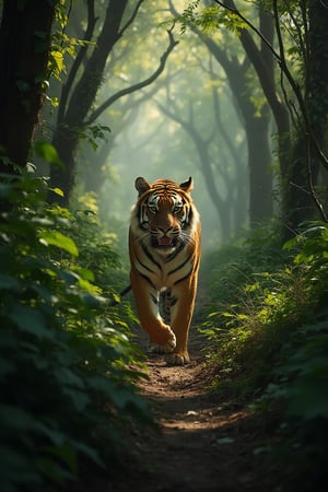 "In a dense jungle, a powerful tiger prowls silently through the underbrush, surrounded by towering trees and thick foliage. The dappled sunlight filters through the leaves, highlighting the tiger's striking orange and black stripes as it surveys its territory."

