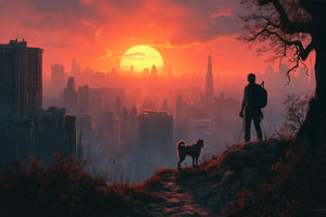 Urban landscape in an apocalyptic setting, overgrown with creeping plants reminiscent of The Last of Us game. A figure stands confidently, holding a weapon, accompanied by a dog. The scene is viewed from a cliff, capturing the stunning backdrop of a retro-style sun setting, with an 80s retro vibe and aesthetic. Ink brushstrokes in the background add depth, while rain gently falls, enhancing the atmosphere.